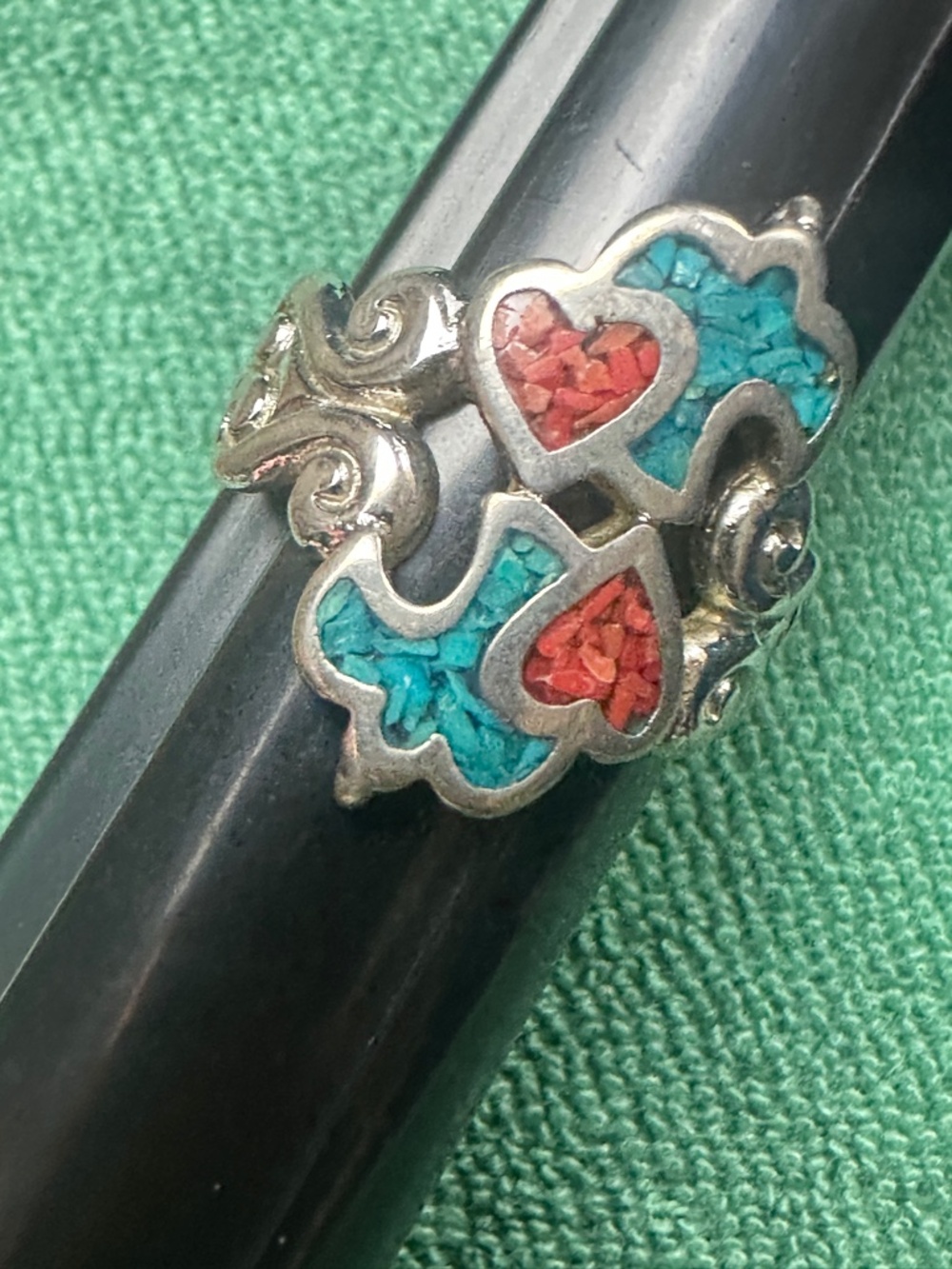 sterling silver turquoise and red coral chip birds and heart ring size 8